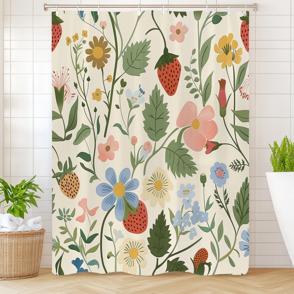Small Fresh Fruit Strawberries Printed Shower Curtain Bathroom Curtain,Hanging Curtain With 12 Hooks Decoration Machine Washable