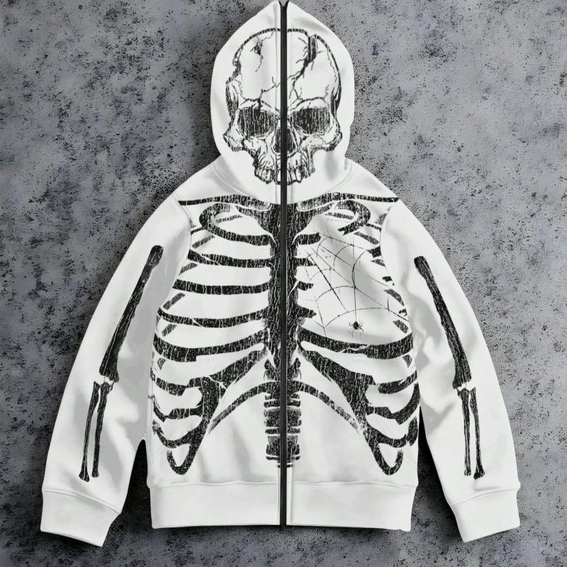 Y2K Gothic Skull Print Hooded Zip-Up Sweatshirt Women Streetwear Oversized Fit