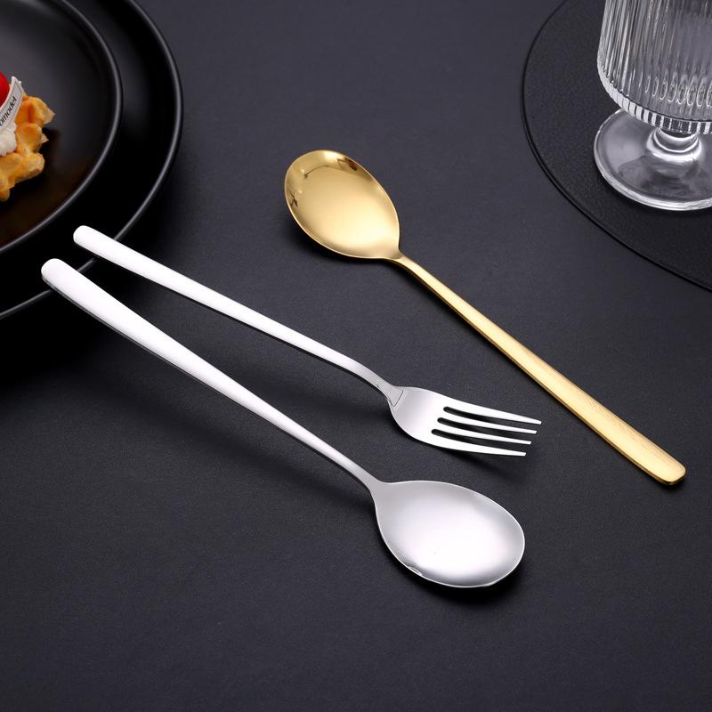 2Pcs Stainless Steel Golden Silver Fork Spoon Fork Spoon Heat-Insulated Long Handle Stirring Dessert Spoons Kitchen Gadgets