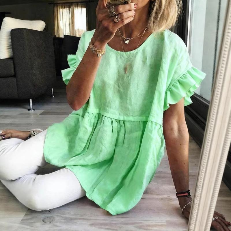 2026 New Women's Summer Solid Color Round Neck Short Sleeve Ruched Top T-Shirt