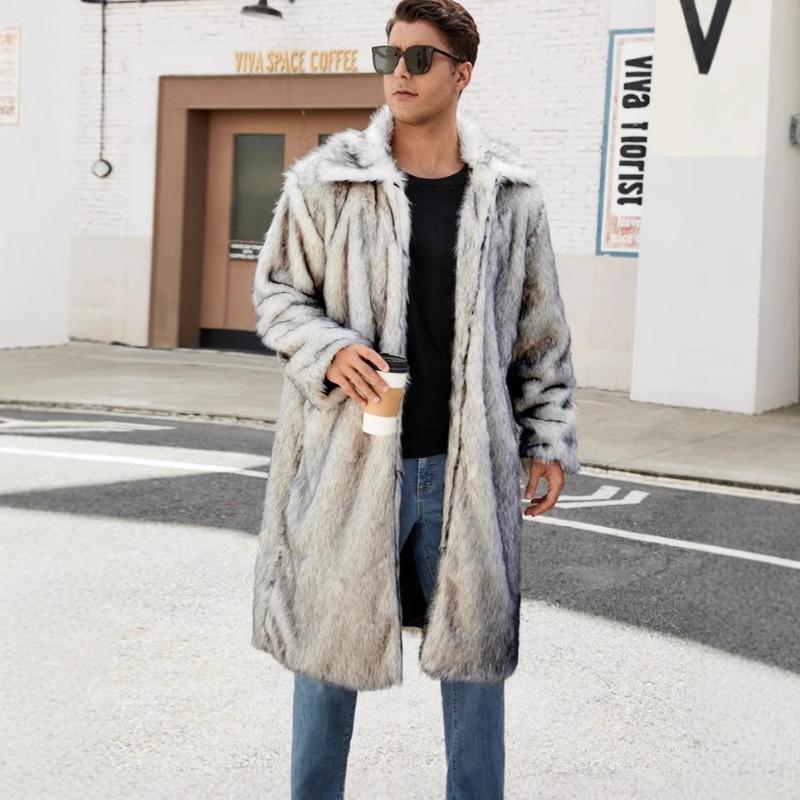 Herren Grau Kunstpelz Trenchcoat Revers Mittellang Warmer Wintermantel