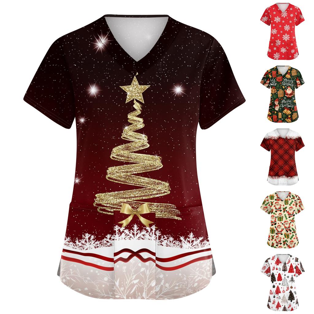 Women's V-Neck Short Sleeve Christmas Print Work Tunic Top with Pockets and Side Slits