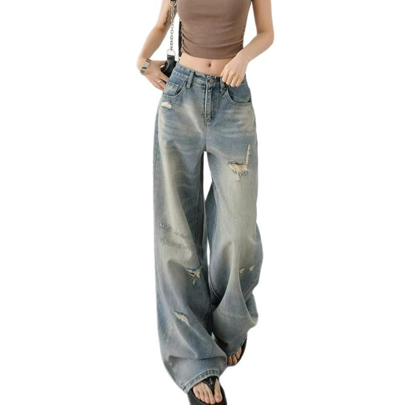 Comfortable High-waisted Broken Holes Jeans Female Annual High Street Small Loose Thin Wide-legged Straight Trousers Jeans for Women Long Denim Pants