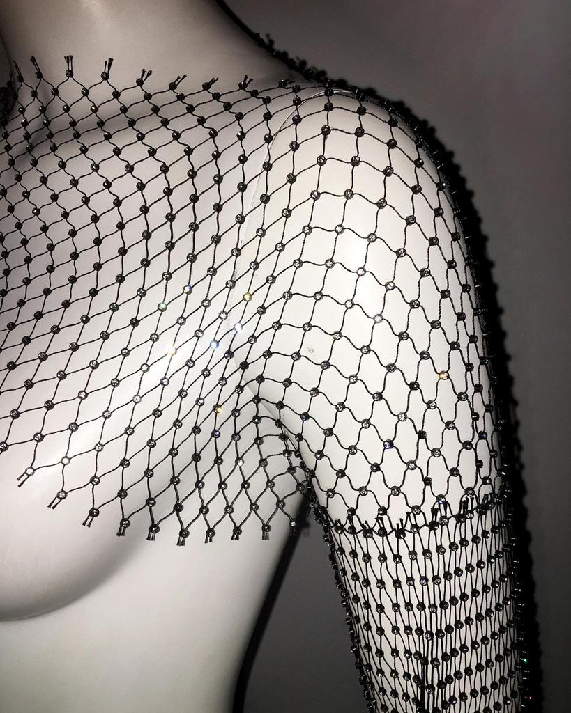Europäisches & Amerikanisches High-End Mesh Strass Damen Langarmtop