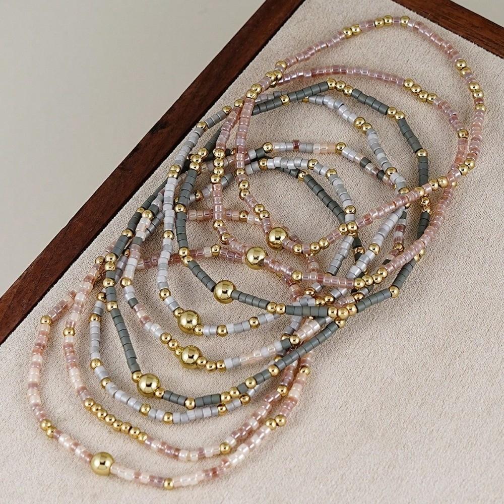 9pcs Set Multi-Layer Handmade Bracelet Set Elastic Bead Bangle Set Women Daily Wear