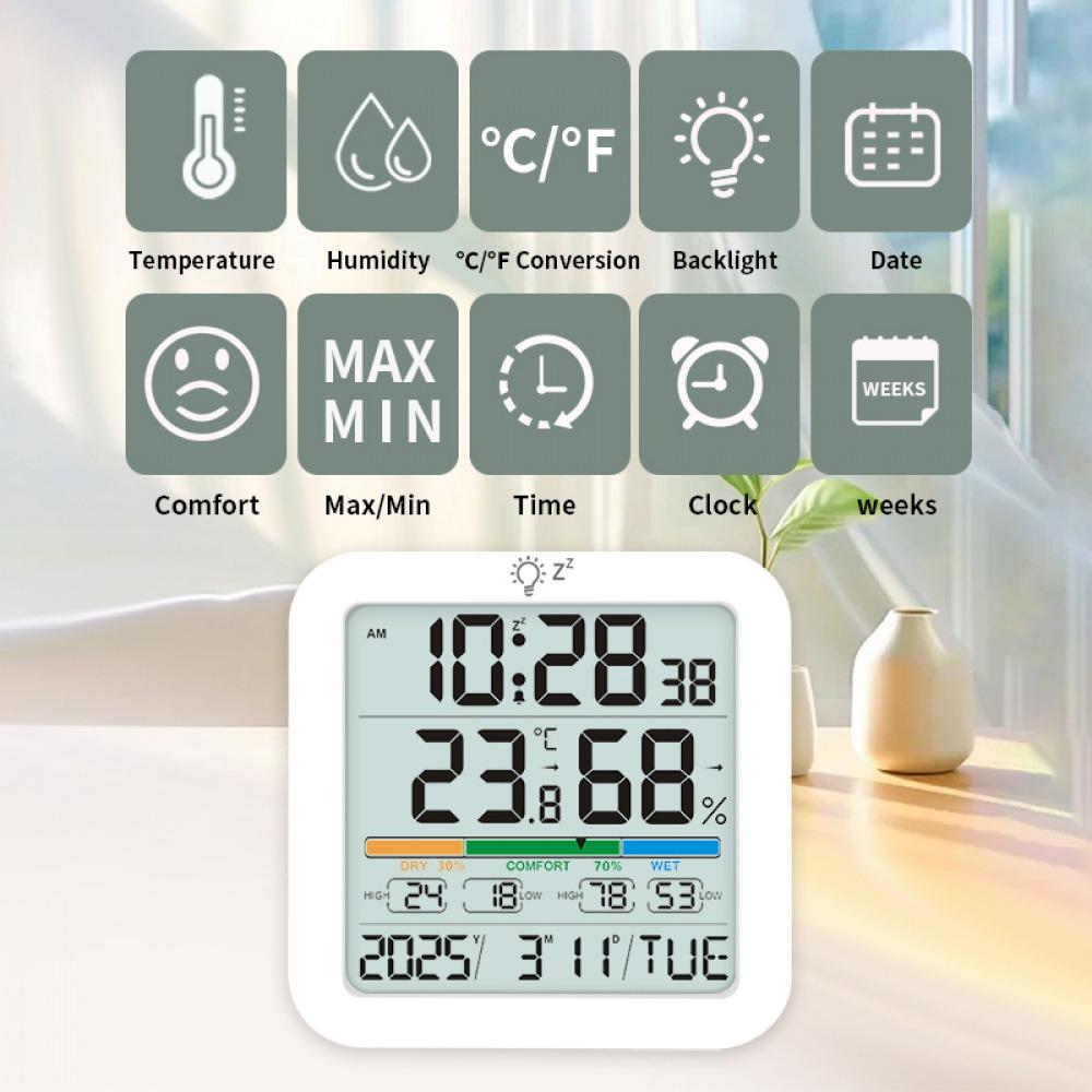 Backlit Large Digital Display Thermometer Hygrometer With Alarm Calendar Function Humidity Meter ℃/℉ Switching Temperature Gauge