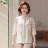 Spring/Summer Chinese Style Print Seven-Sleeve Shirt for Middle-Aged Women, Lightweight Stylish Stand Collar Top