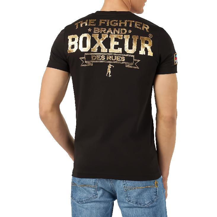Boxeur des Rues Boxeurstrasse 2 Herr T-shirt | SvartGuld Rund Hals Normal Passform Lätt Stretchtyg Hela Säsongen Avslappnad Stil med Tryckt Mönster