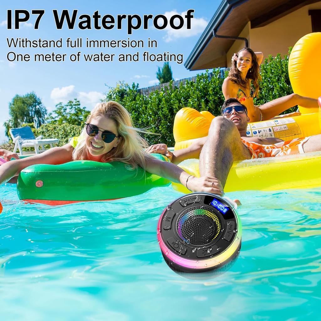 Bluetooth Shower Speaker, Portable Bluetooth Speakers IP7 Waterproof with Suction Cup and Time Display, Wireless Speaker with LED Lights,1100mAh,