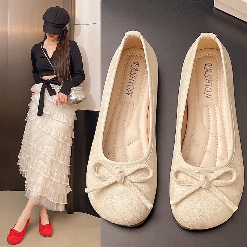 

Leisure Flats Women Summer Casual Flock Slip on Round Toe Fashion Shoes for Women Solid Butterfly knot Casual Shoes Plus Size 35 бежевый