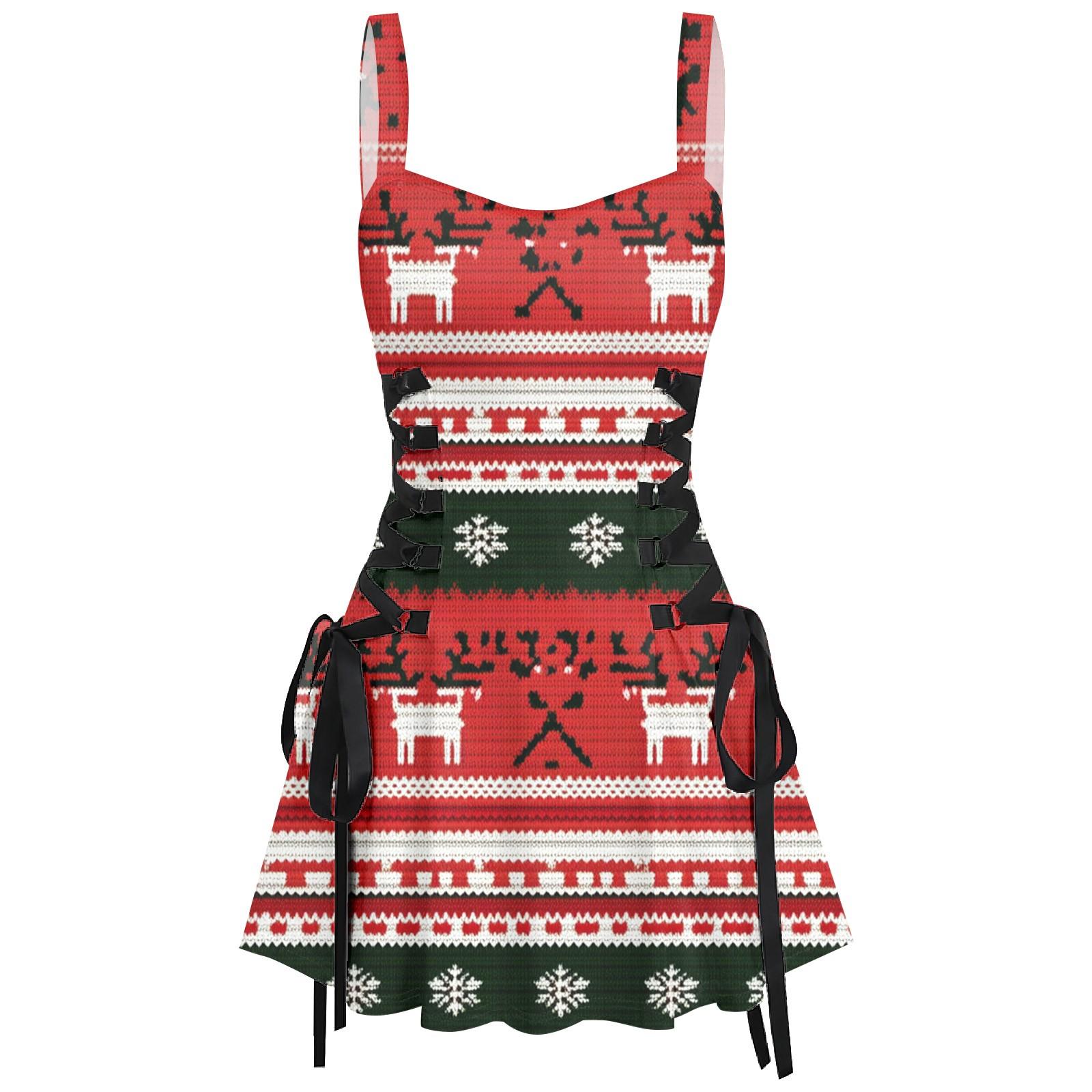 

Жіноча повсякденна мода з різдвяним принтом, сексуальна ремінець, коротка ретро-сукня, ретро-спідниця XL червоний