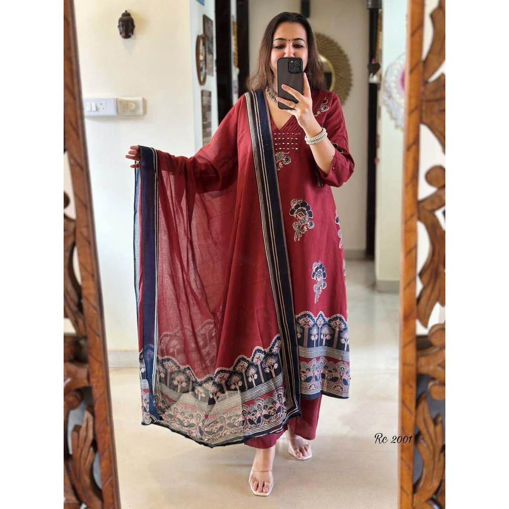 Indian Women Top Tunic Kurta Pant Dupatta Set Party Wear Bollywood Cotton Kurti 2385