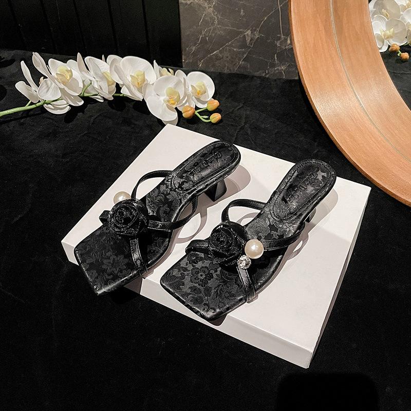 

Fashion narrow band flower high heels summer shoes woman printting slippers strange heeled floral flip flops women slides size 42 39 чёрный