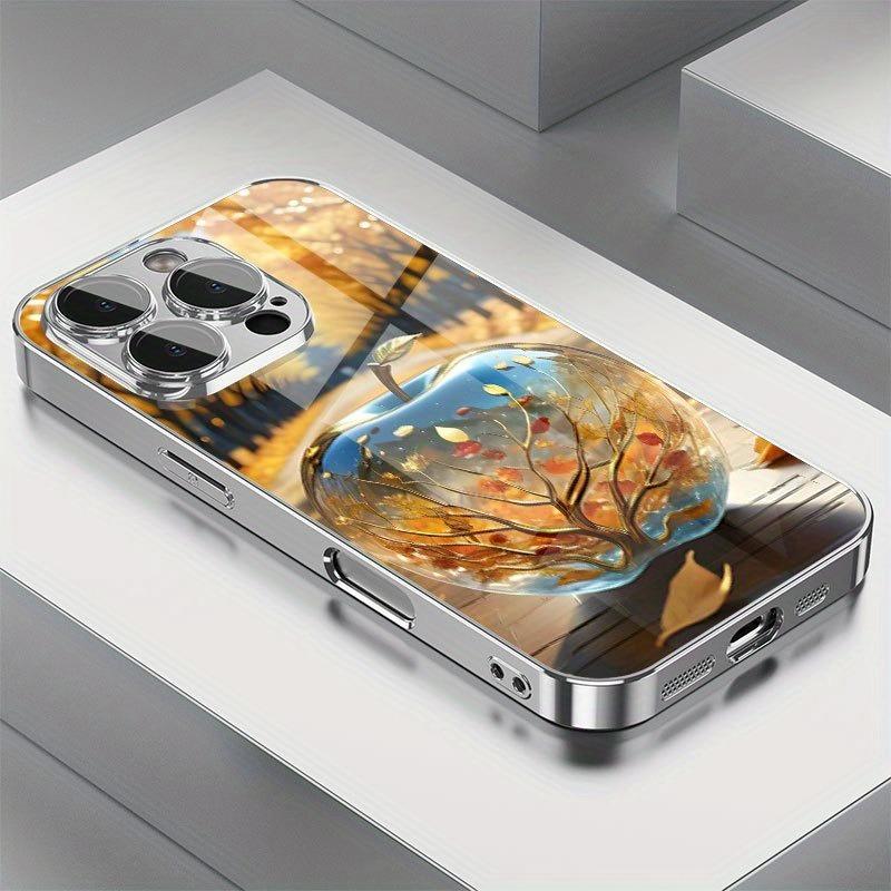 Minimalistyczne Złote Etui z Nadrukiem Jabłka na Szkle Galwanizowanym do Telefonu iPhone 17 16 15 14 13 12 11 Pro Max Plus 16E 17 Air Cover