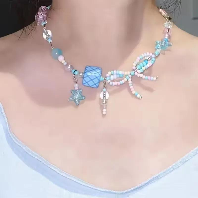 2026 Trendy Handmade Beaded Colorful acrylic Bowknot Star Pendant Necklace For Women Summer Y2k Sweet Aesthetic Neck Jewelry