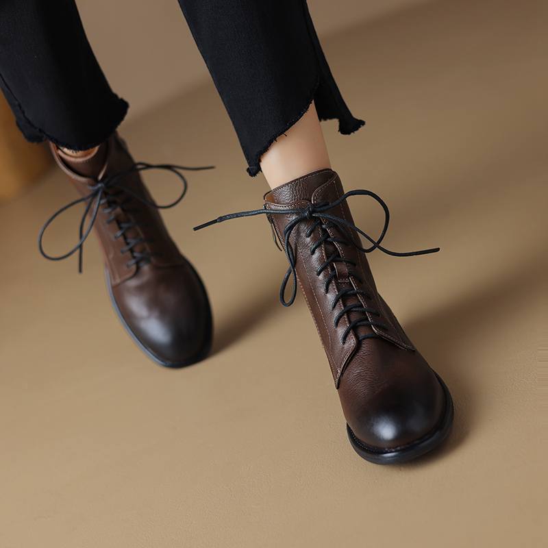 Krazing Pot Cow Leather Winter Round Toe Thick Low Heels Western Boots Women Lace Up Retro Ankle Boots