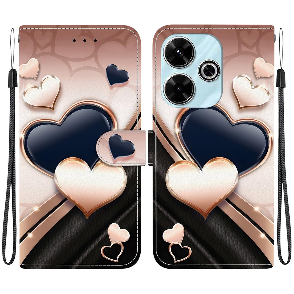 Handmade PU Leather Flip Case for Xiaomi Redmi 13 (4G) / Xiaomi Poco M6 4G Anti-Slip Shockproof Cover with Wrist Strap & Heart/Rose Cat Designs