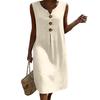 Sleeveless V Neck Midi Dress for Women with Front Pleat and Decorative Button Loose Fit Casual Style