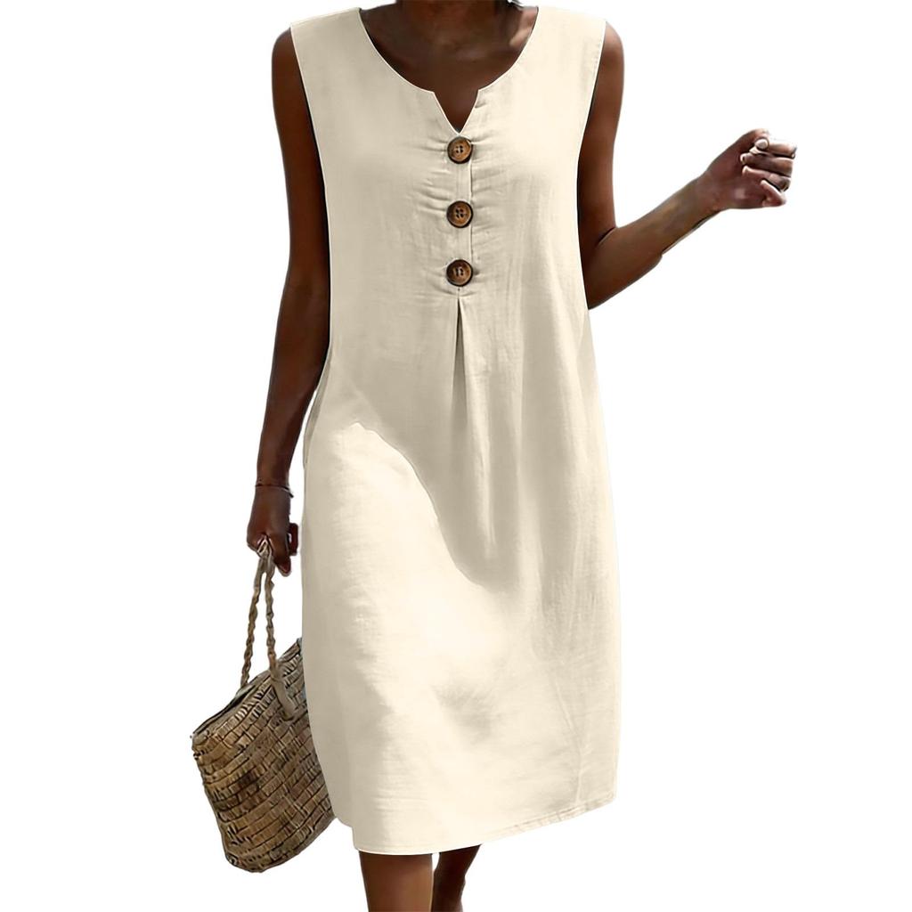 Sleeveless V Neck Midi Dress for Women with Front Pleat and Decorative Button Loose Fit Casual Style