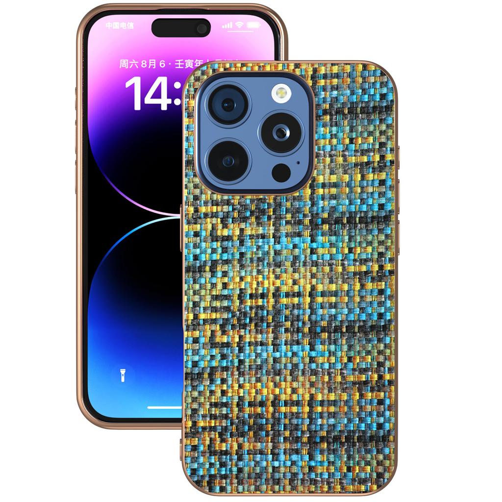 For iPhone 16 Pro Max Case Electroplating Edge Plaid Texture PU Leather+PC+TPU Phone Cover