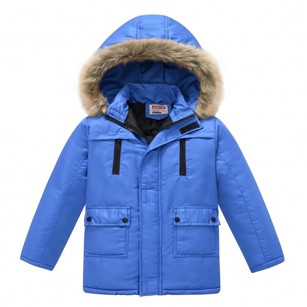 Middle and Big Children's Cotton Jacket Solid Color Thickened Warm Rushing Jacket Boys and Girls Hair Collar Removable Hooded Jacket