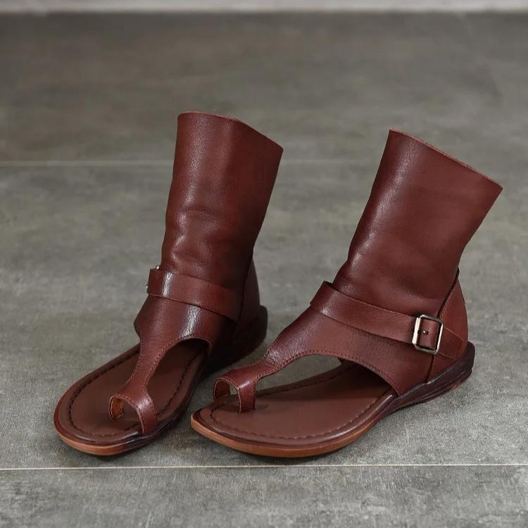 Johnature Women'shoes Roman Sandals Fashion Versatile Flat Genuine Leather Peep Toe Short Boots