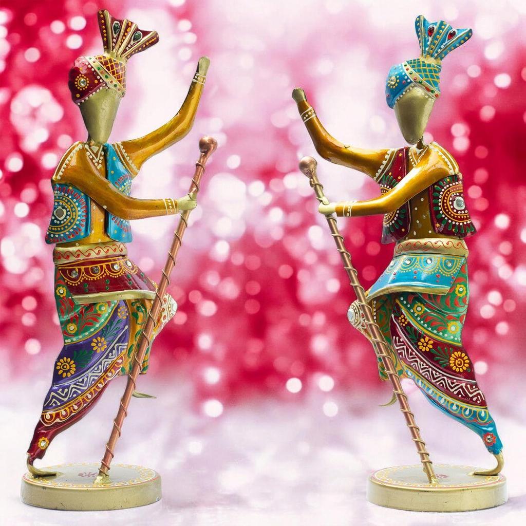 14-Inch Bhangra Dancer Statues – Vibrant Punjabi Folk Dance Metal Showpiece Set for Traditional Indian Home Décor – Ethnic Festival Gift