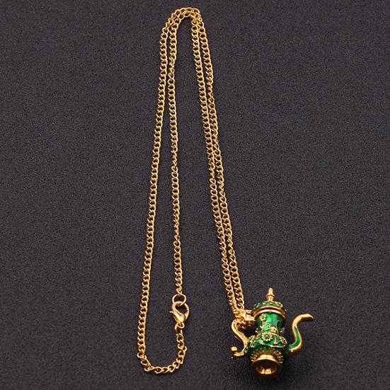 Vintage Enamel Green Teapot Pendant Long Chain Women Sweater Necklace Jewelry