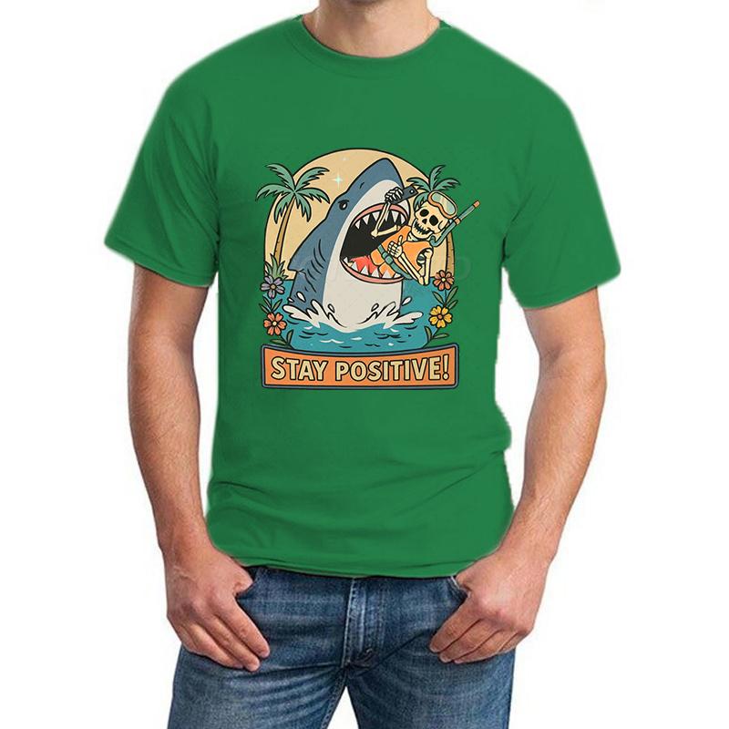 Stay Positive Shark Skeleton Funny T Shirts for Men New Design Fashion Summer Tops Positive Vibes Funny Skeleton T-shirt Women