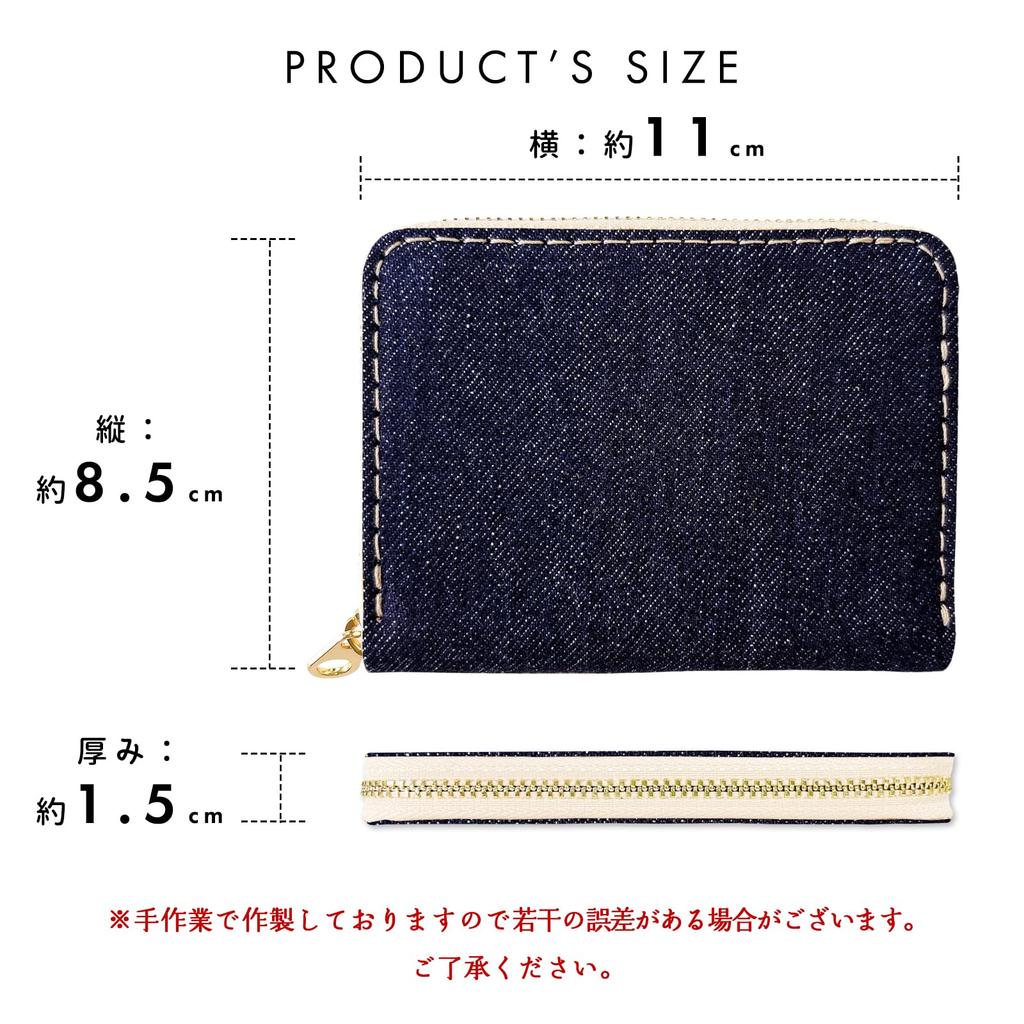 Trendy Yamagishi Denim and Leather Bellows Simple Bifold Wallet for Men and Women, Card Slots, Bill Compartment, Round Zipper, Kojima Denim, Gold
