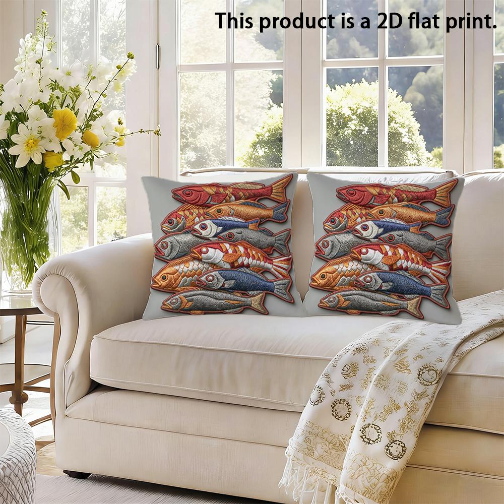 2pcs 2 Pack Rustic School of Fish Decorative Throw Pillow Covers,2D Flat Print Farmhouse Coastal Cushion Cases