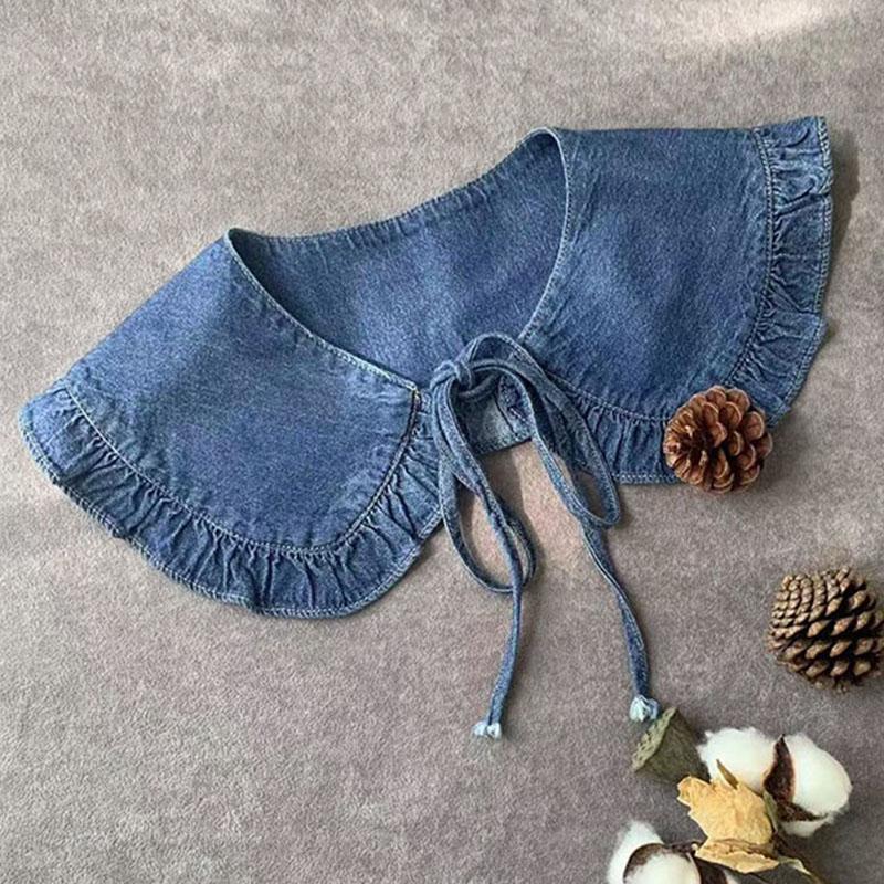 Fashion Denim Fake Collar Shirt Women Ruffle False Collars For Woman Detachable Lapel Half Shirt Tie Ladies False Blouse Collar