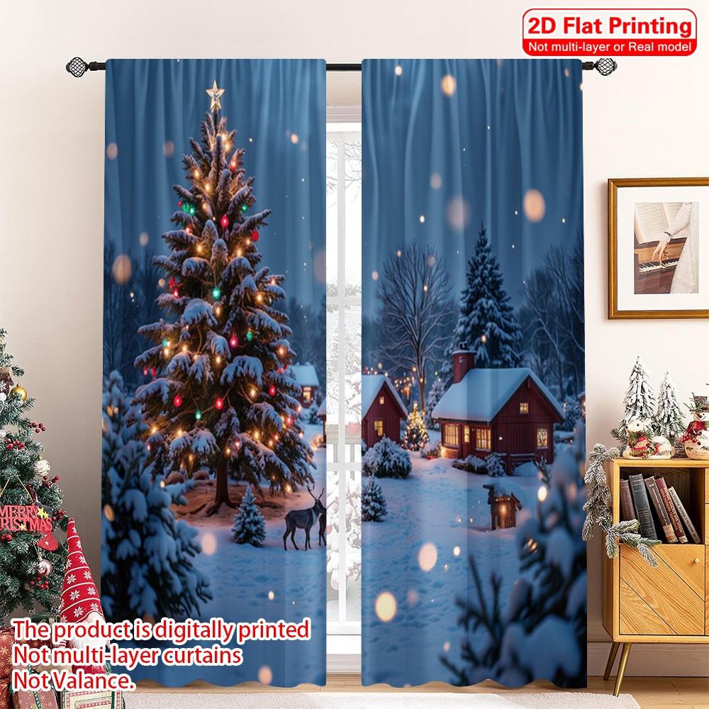 2pcs 2D flat printing Merry Christmas Popular Curtain Cozy Winter Village Christmas Scene Polyester Without Electricity Party