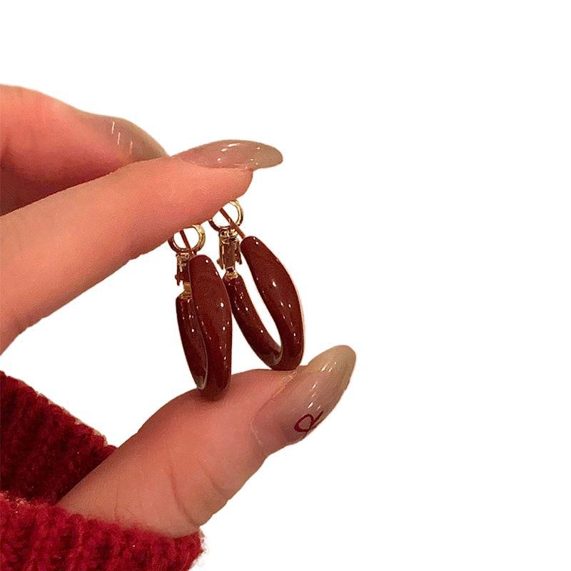 Angkor Red Small Hoop Earrings: Retro Design, 925 Silver Needle