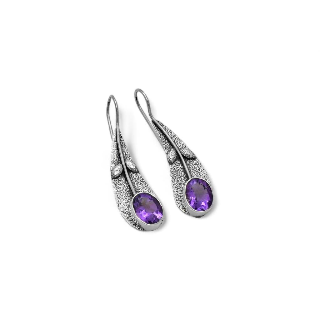 925 Sterling Silver Oval Amethyst Earrings – Textured Leaf Design, Artisan Handmade Gemstone Jewelry, Women's Unique Drop Earrings