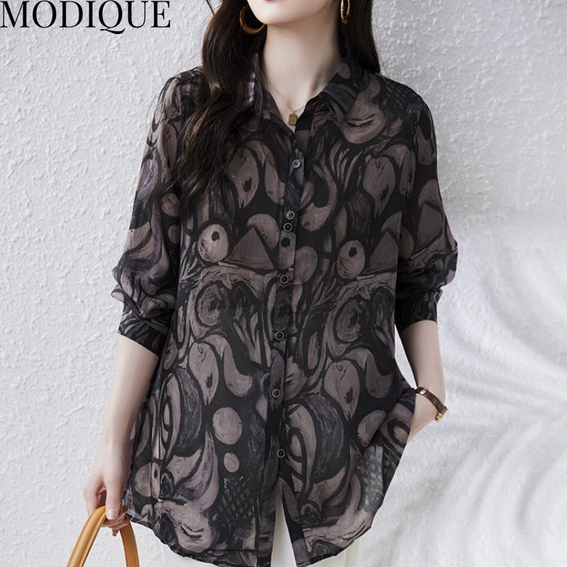 MODIQUE Spring Summer Plus Size New Women Loose Vintage Cotton Linen Floral Print Blouse Shirts Female Casual Oversize Long Sleeve V-Neck Top T-Shirt