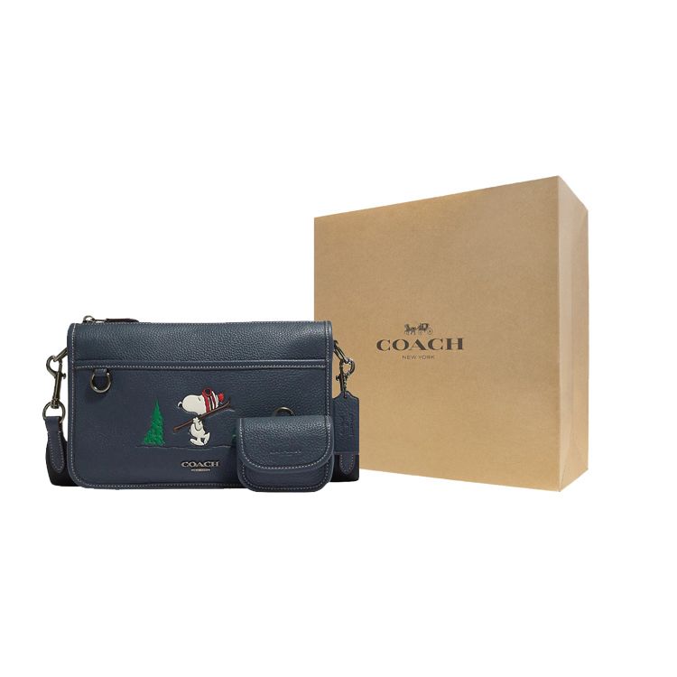 Coach X Peanuts Snoopy Heritage 25 Zipper Closure Snoopy Pattern Print Pebble Leather Shoulder Crossbody Bag Medium Women bags Dark-Blue CE710-QBDEI