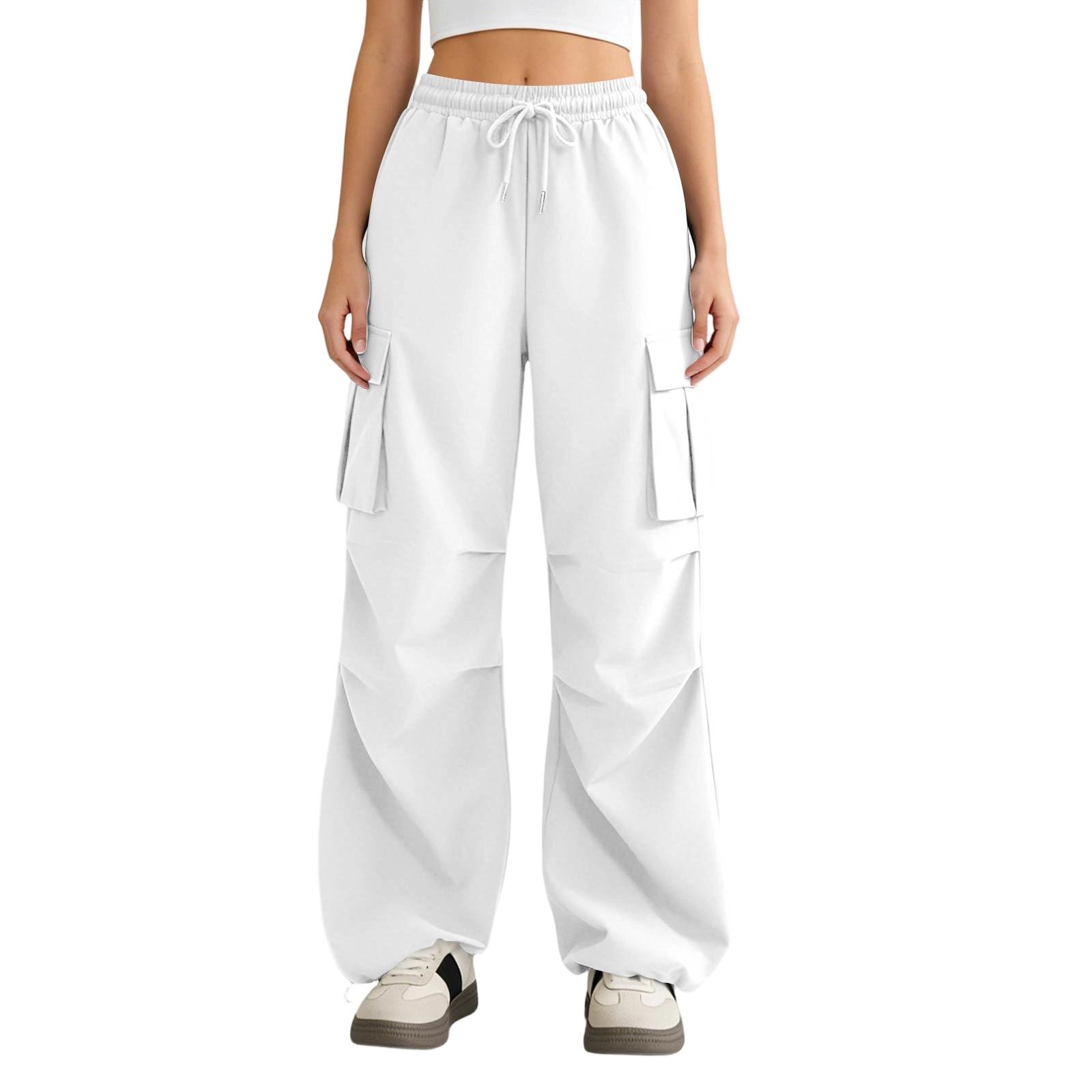 

Loose Fit Cargo Pants with Drawstring Waist and Elastic Ankles for Women Spring Autumn Casual Trousers Long Pocket Design S белый