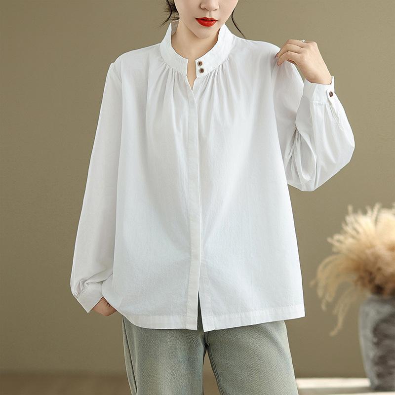 Spring Literature Loose Solid Color Stand Up Collar Lantern Sleeves Long Sleeved Shirt Women's Shirt Top Blouses & Shirts