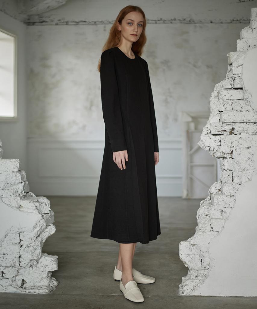 A.RIFF Sleeve Button A-Line Long Dress - Black
