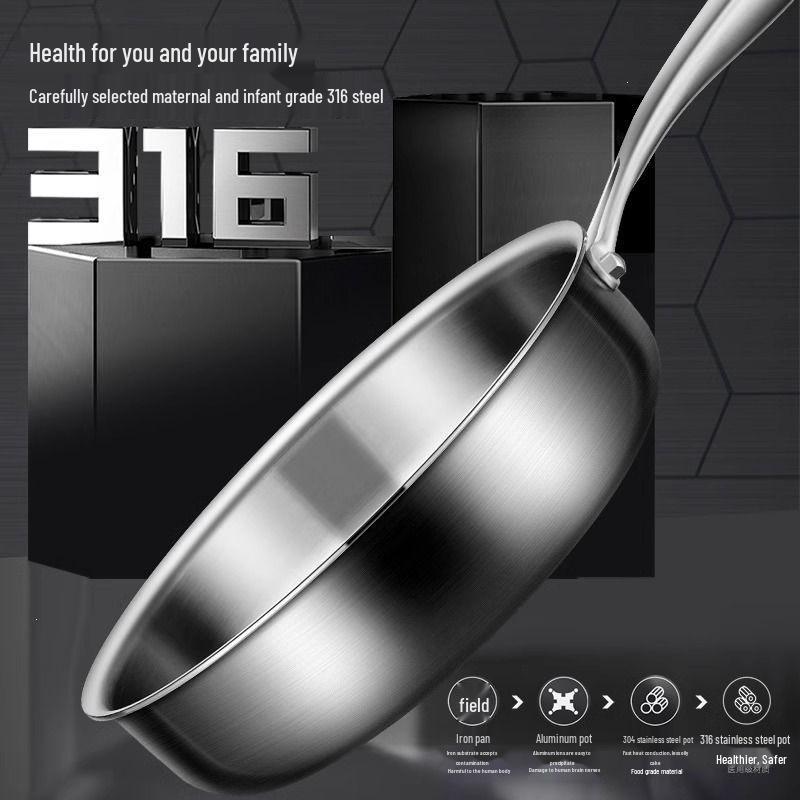 316 Stainless Steel Non-Stick Flat-Bottom Frying Pan for Home & Commercial Use - Ideal for Eggs, Stir-Fry, Induction, and Gas Cookers.