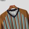 INCERUN Oversized Men V Neck Long Sleeve Striped Print Casual Loose T-shirts Tops