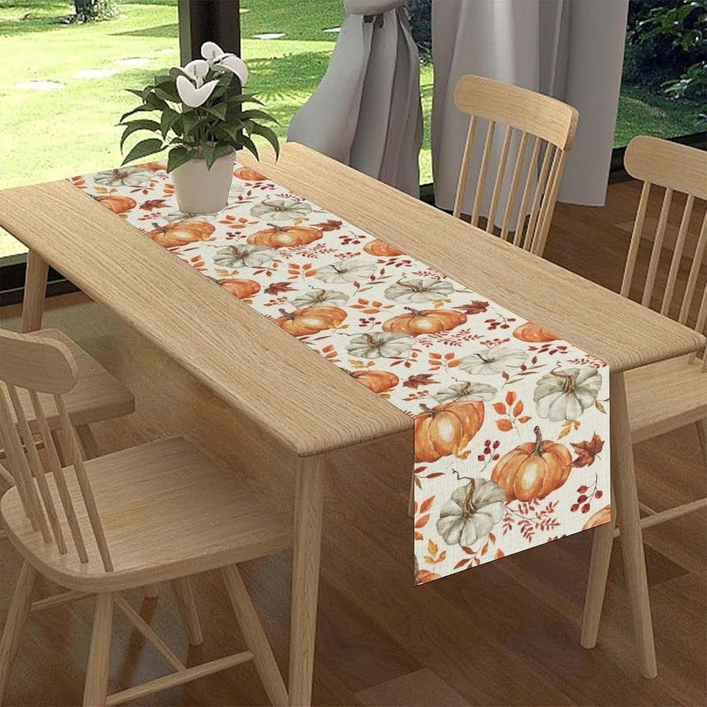 Fall Pumpkin Maple Leaves Linen Table Runner Holiday Party Decor Washable Kitchen Dining Table Runner Autumn Decorations