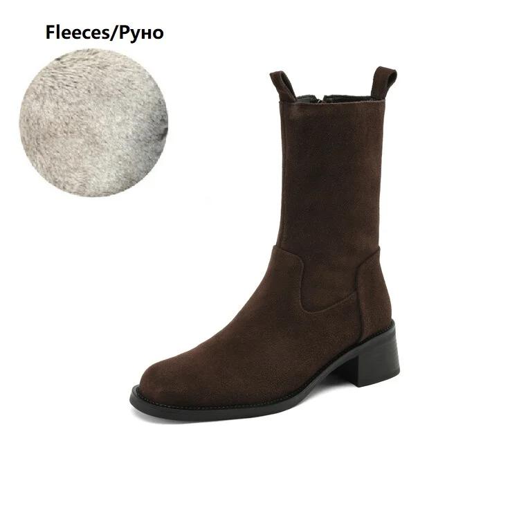 

Fashion NEW Autumn Women Boots Round Toe Chunky Heel Boots Cow Suede Leather Shoes for Women Zipper Mid-calf Boots Winter Ladies Shoes 34