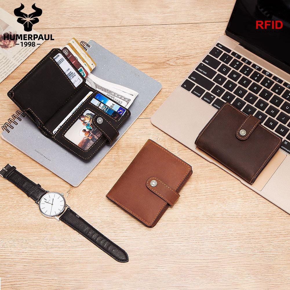 Men's Crazy Horse Leather Coin Purse with RFID Anti-Magnetic Protection, Vintage Short Wallet with Zipper, Genuine Leather Card Holder