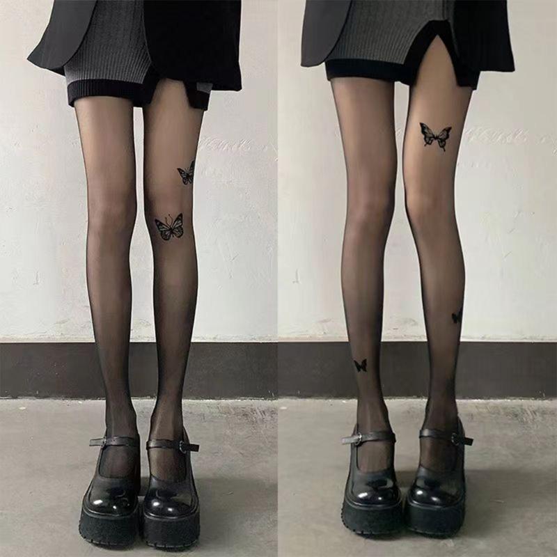 Collant Calze Velate Stampate con Farfalle Vintage Estetiche per Donna Sexy Sottili Trasparenti Collant Leggings in Seta