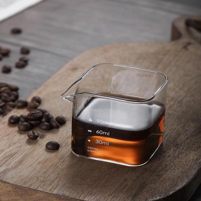 90/120 ml-es négyzet alakú eszpresszó mérőpohár skálával, átlátszó egycsőrös tejkiöntő, kávékellékek, üveg konyhai mérőpohár
