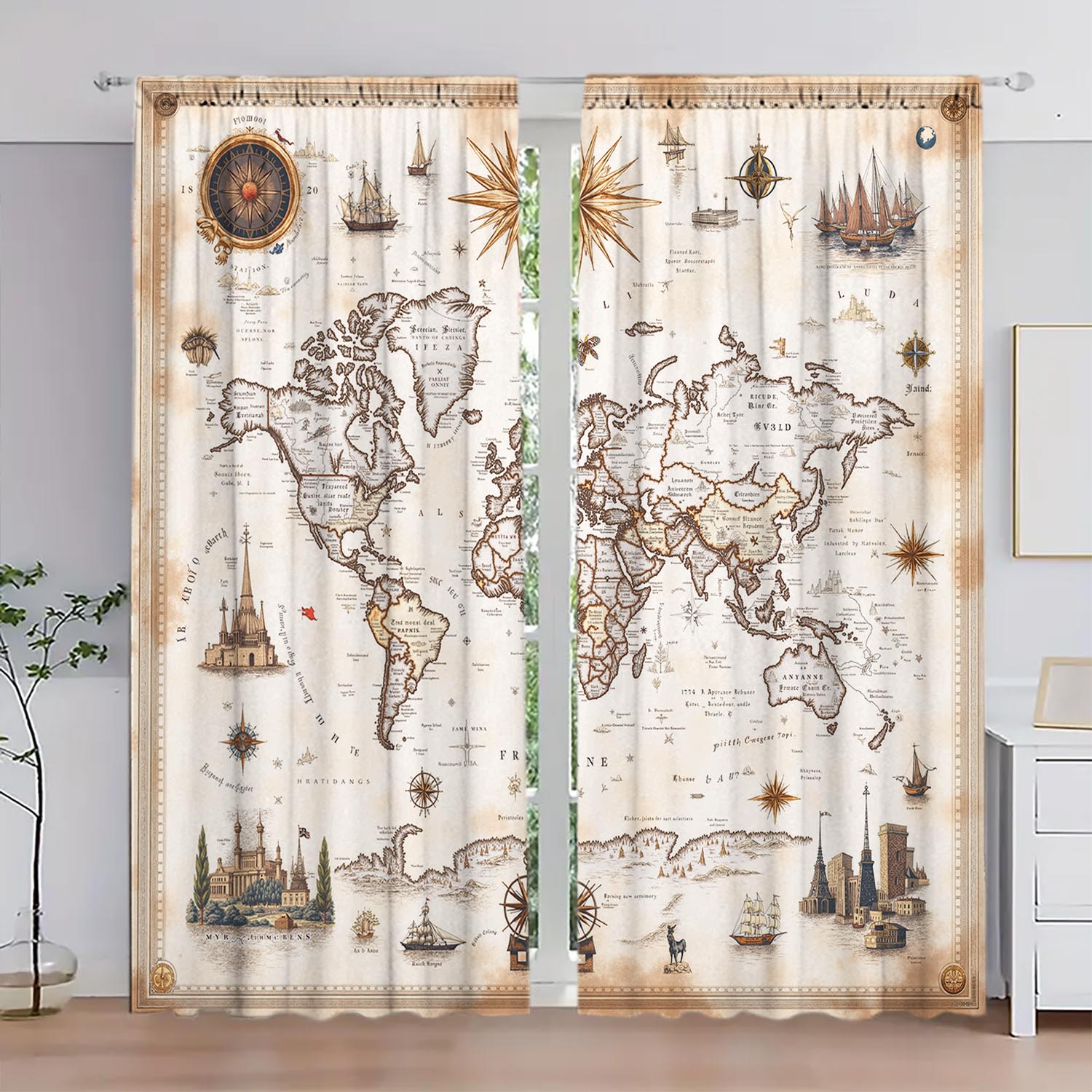 Tonnika Chen Room Darkening Panels Retro Nautical Map Pattern Window Curtains Half Suitable Home Decorative Curtain Artistic Made Of Polyester Washable