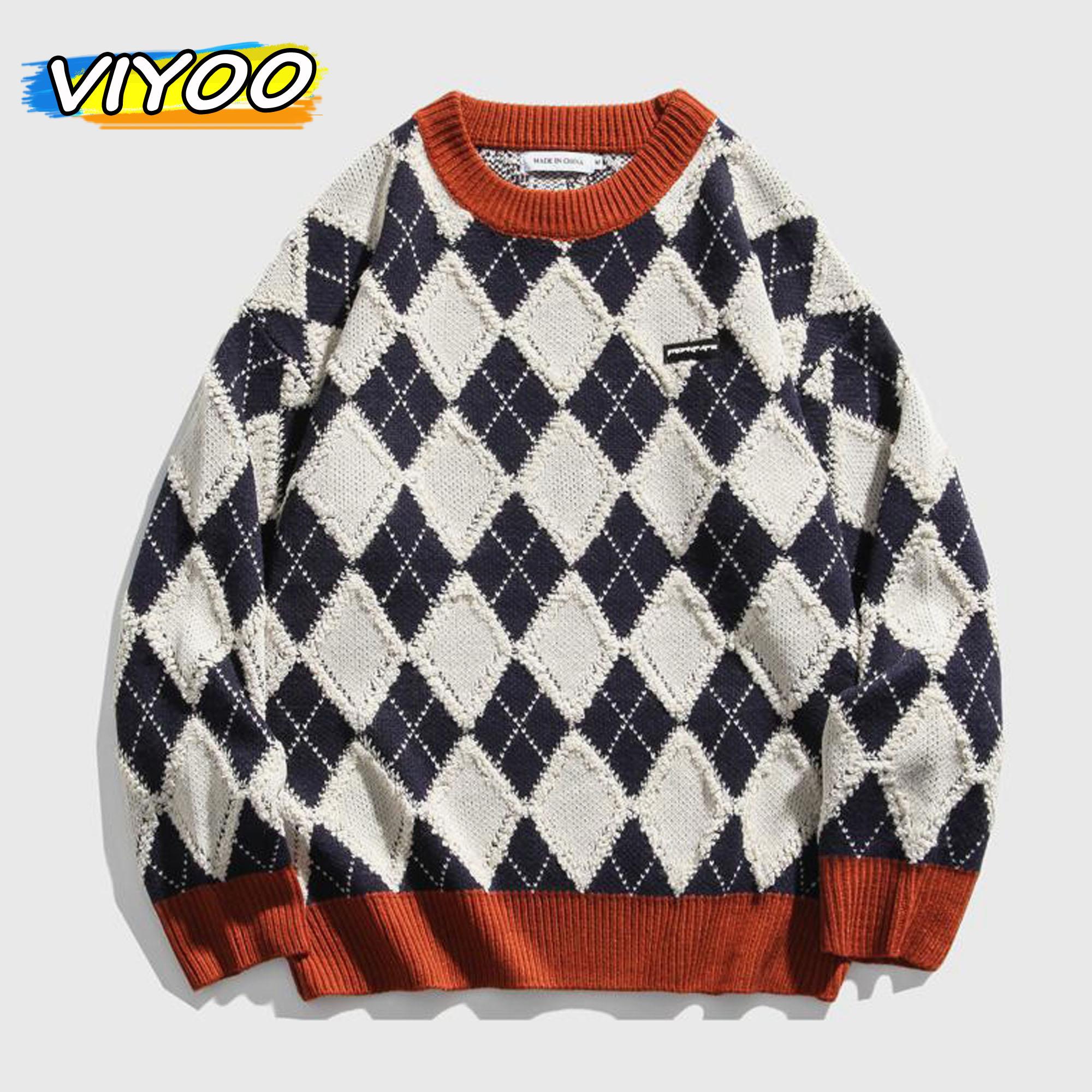 

Осень-зима 2023, новый клетчатый свитер для мужчин и женщин, кофты для пар в стиле ретро, ​​блузка с длинными рукавами, топы, пуловеры, вязать в стиле Харадзюку