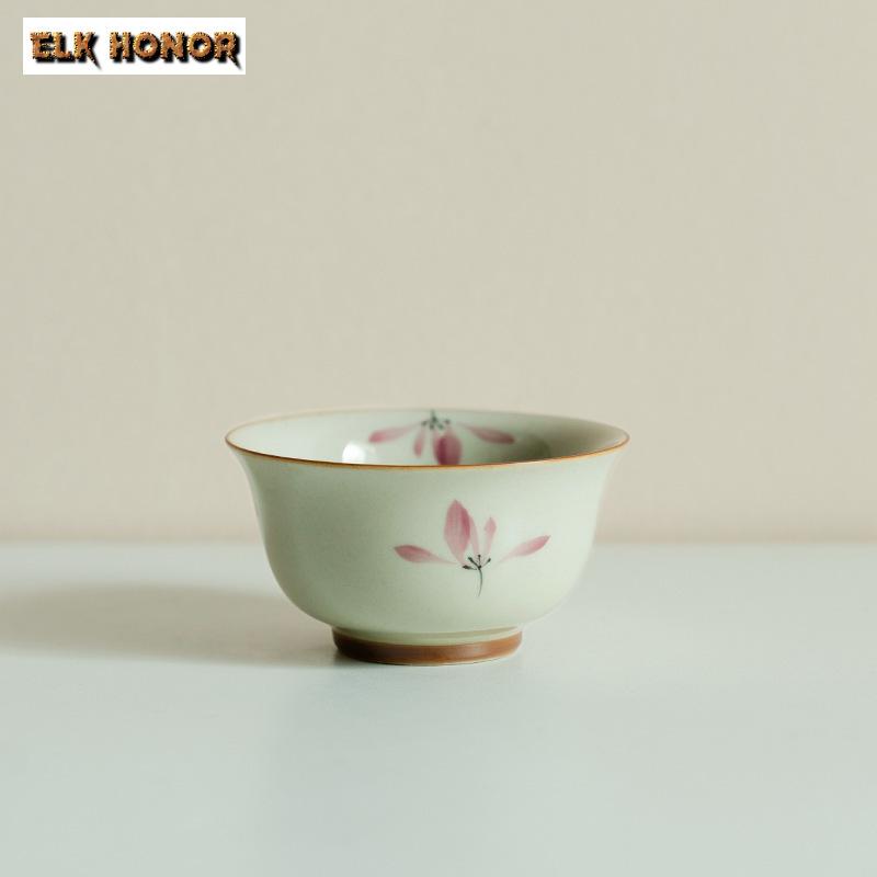 2 Stück/Set Rein handbemalt Rosa Orchidee Teetasse Pflanze Asche Druck Handbecher Puer Teeschale Verbrühschutz Meistertasse Chazhan Teeset 75ml